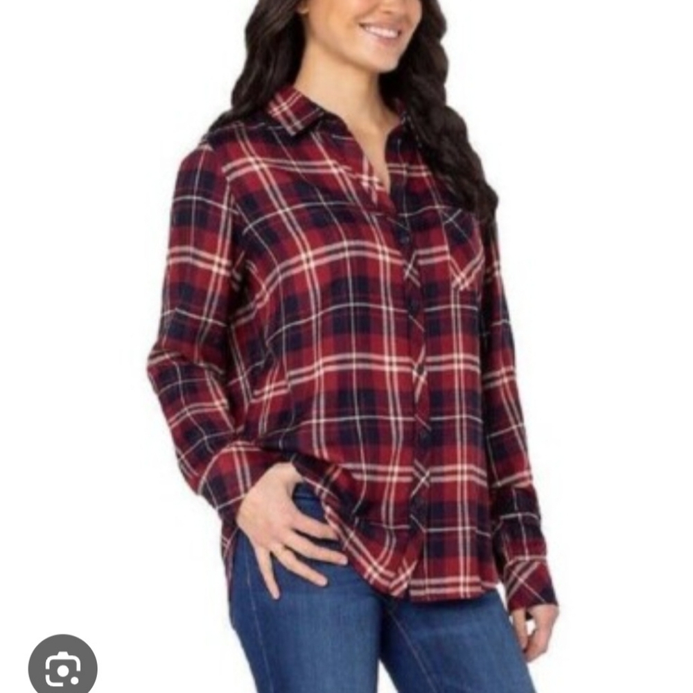Plaid Button-Up‎ Shirt Well Worn Women's Flannel Shirt Size S
